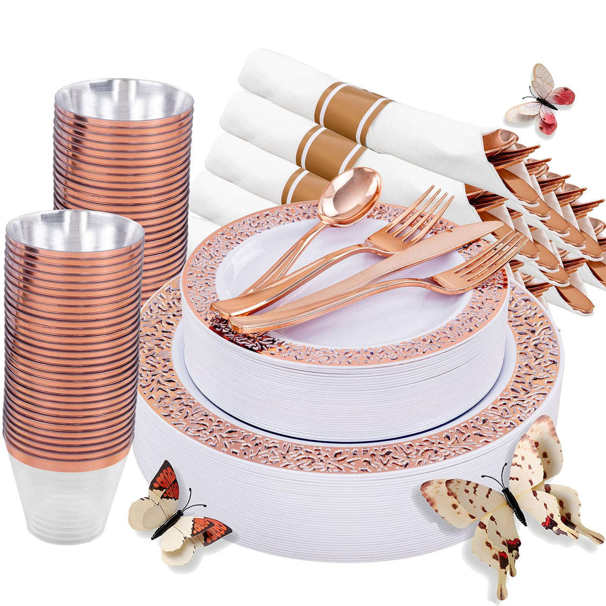 WELLIFE 50 Guests Dinnerware Sets, Gold Plastic Plates，Platos Para Fiestas Elegantes Desechables Include:50 Dinner Plates, 50 Dessert Plate, 150 Pcs Gold Plastic Silverware, 50 Cups for Party