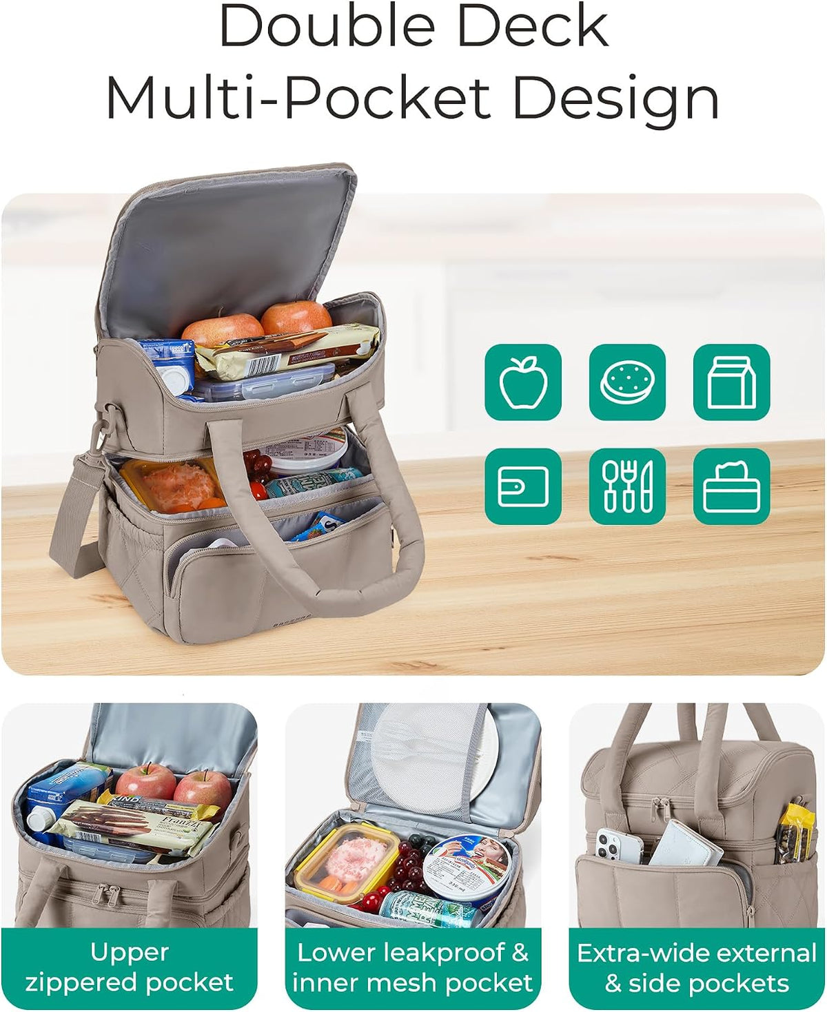 BAGSMART Lunch Bag Women, Double Deck Insulated Lunch Box, Camel