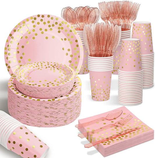 AIRE Pink Gold Paper Plates, 175PCS Disposable Dinnerware Set for 25 Guests