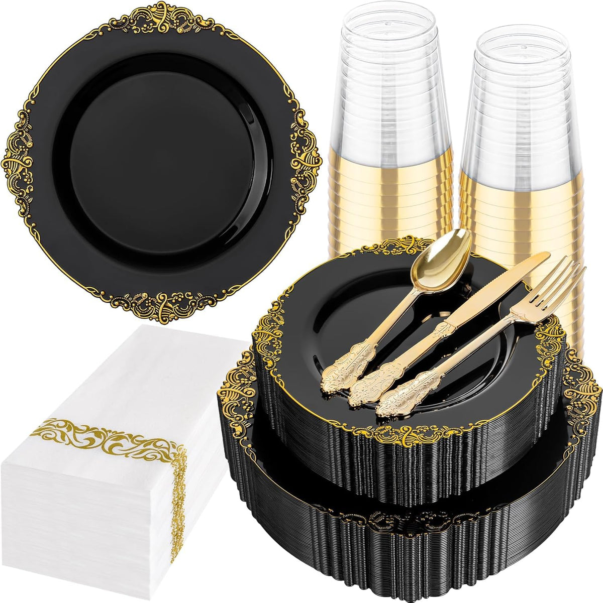 Hioasis 350 Pcs Clear Black Plates for Party