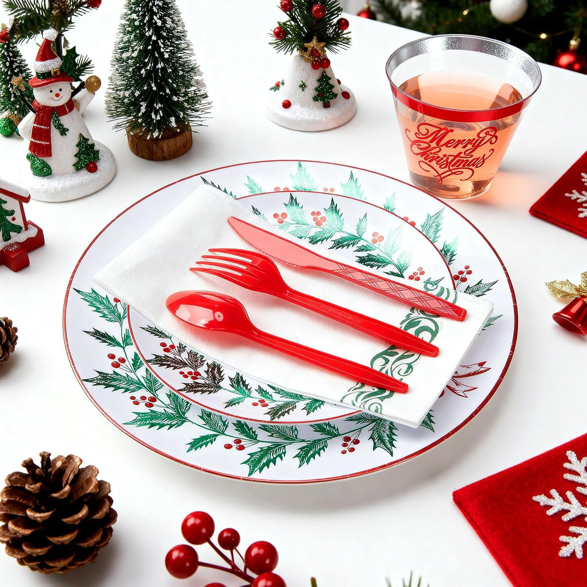 Layhit 175 Pcs Christmas Plastic Plates Dinnerware Set, Green Red