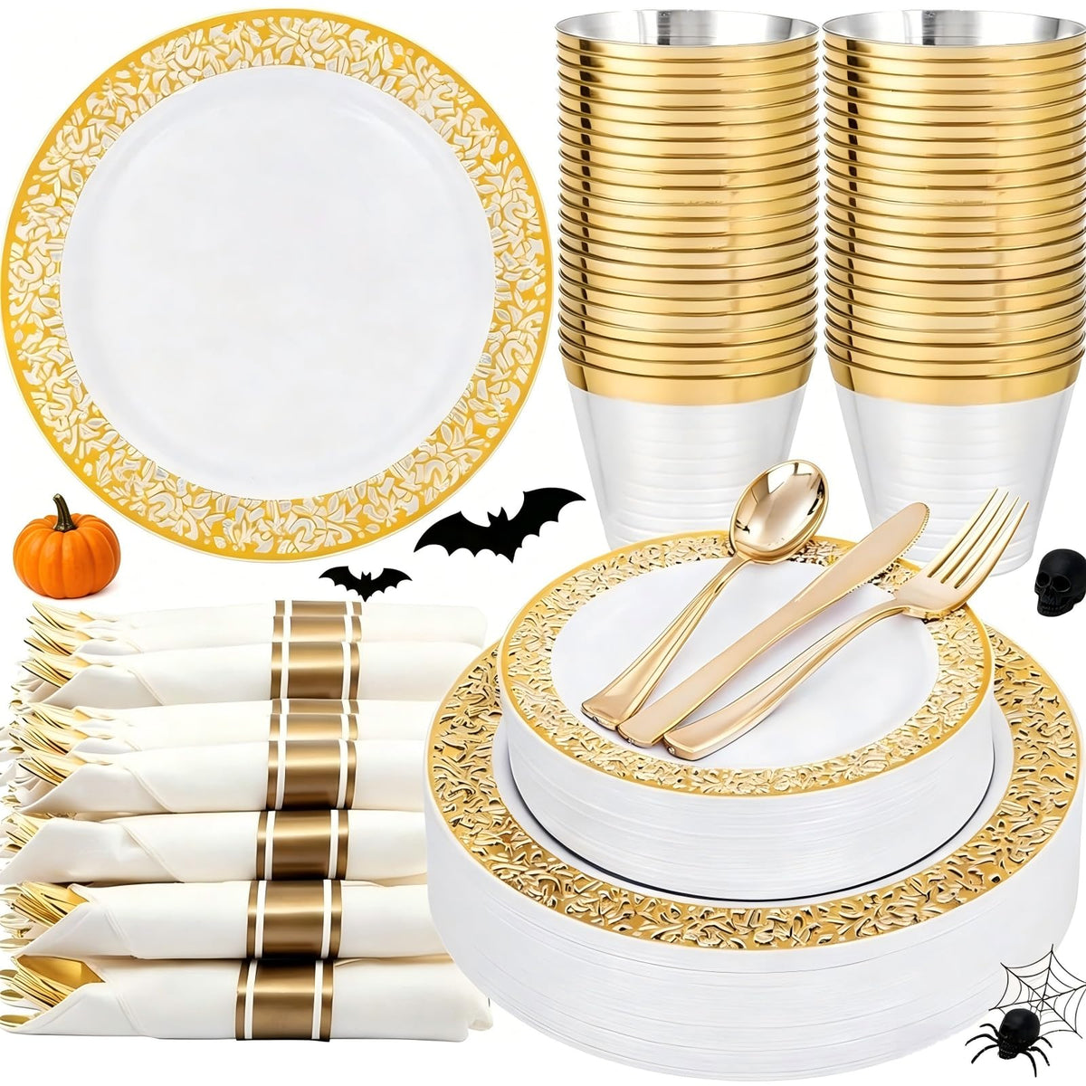 WELLIFE 50 Guests Dinnerware Sets, Gold Plastic Plates，Platos Para Fiestas Elegantes Desechables Include:50 Dinner Plates, 50 Dessert Plate, 150 Pcs Gold Plastic Silverware, 50 Cups for Party
