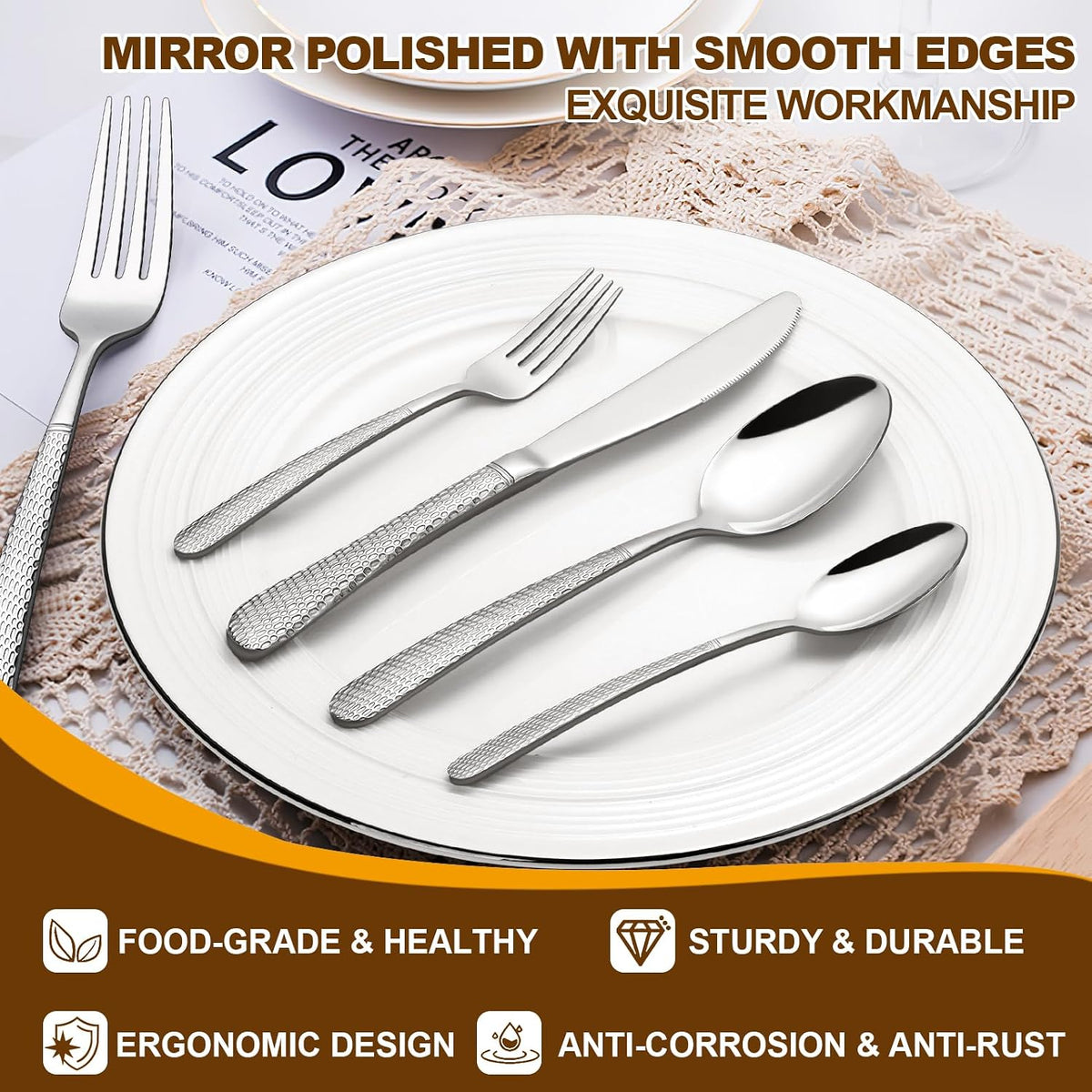 40-Piece Hammered Silverware Set, Deedro Stainless Steel Flatware Set for 8
