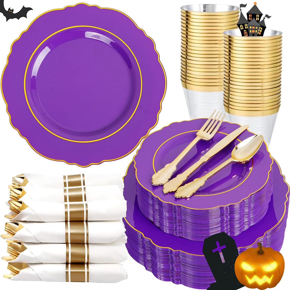 Liacere 350PCS Gold Plastic Plates-Disposable White and Gold Plates Baroque Plastic Dinnerware include 100Plates, 50Pack Pre Rolled Napkins with Silverware 50Cups for Wedding&Thanksgiving&Fall Party