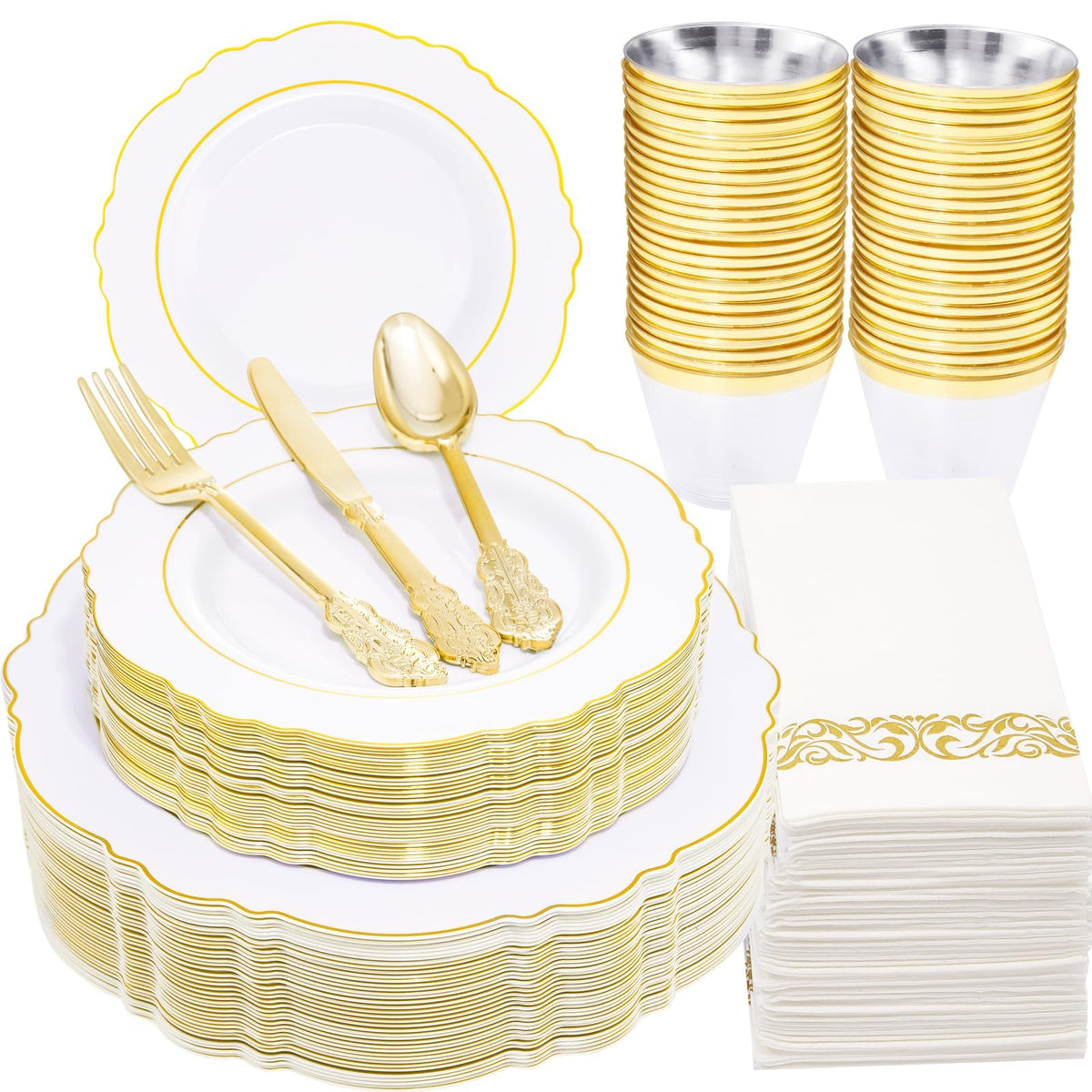 WDF Partyware 350Piece Gold Dinnerware Set for 50 Guests - Gold Plastic Plates with Disposable Cutlery - 50Dinner Plates-50Dessert Plates-50Pre Rolled Napkins with Silverware for Wedding/Thanksgiving