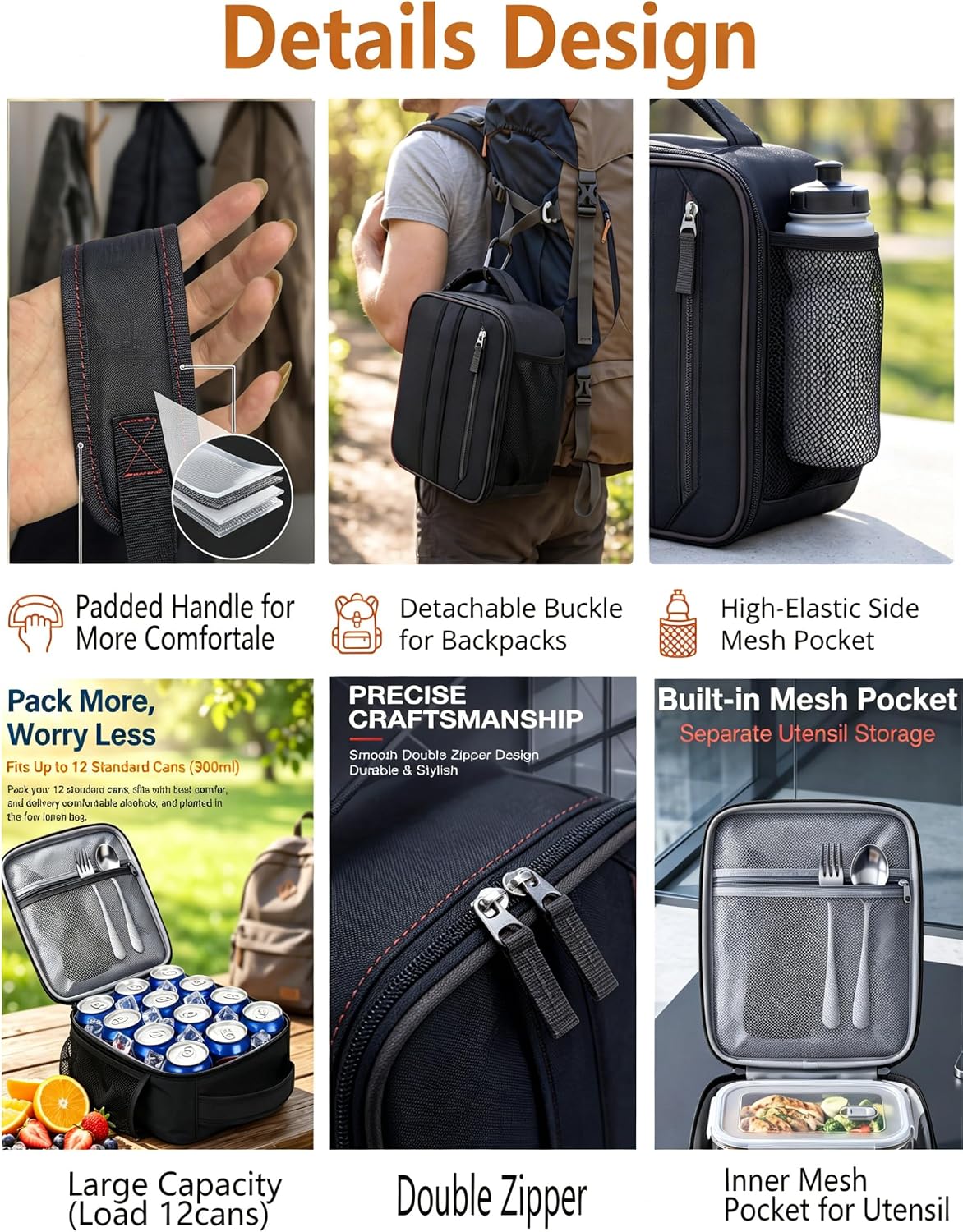 Lunch Box Insulated Lunch bag for Men Teen Kids Boys Adult Portable Stylish Small Lunchbox Special Design for Working Office school Picnic (Black 6L(Without Shoulder Straps))