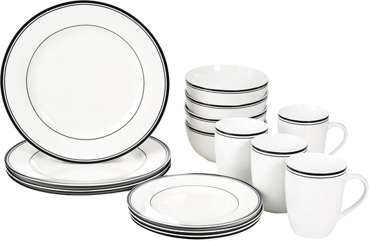 Amazon Basics 16-Piece Cafe Stripe Dinnerware Set, Microwave and Dishwasher Safe, Plates, Bowls, Mugs, Service for 4, Black