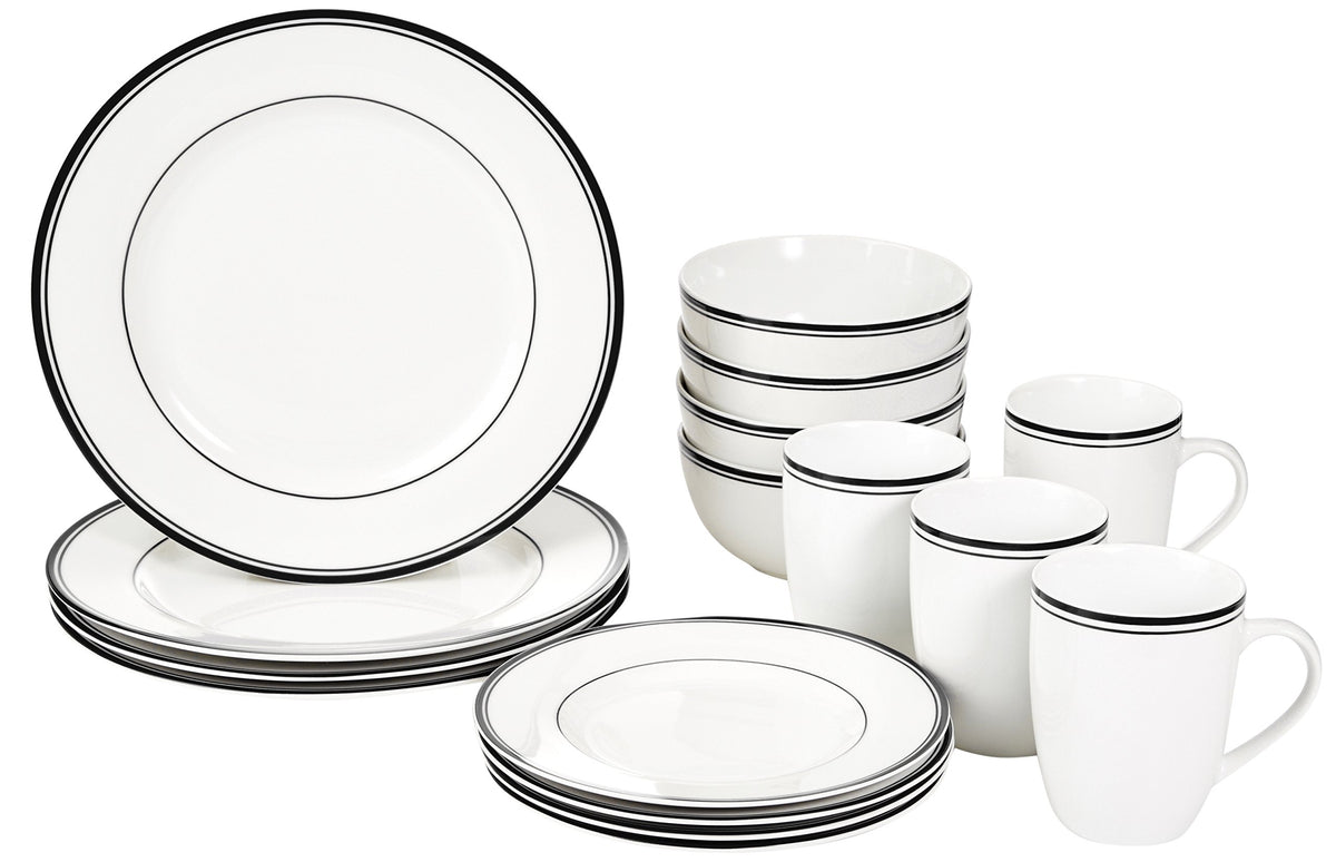 Amazon Basics 16-Piece Cafe Stripe Dinnerware Set, Microwave and Dishwasher Safe, Plates, Bowls, Mugs, Service for 4, Black