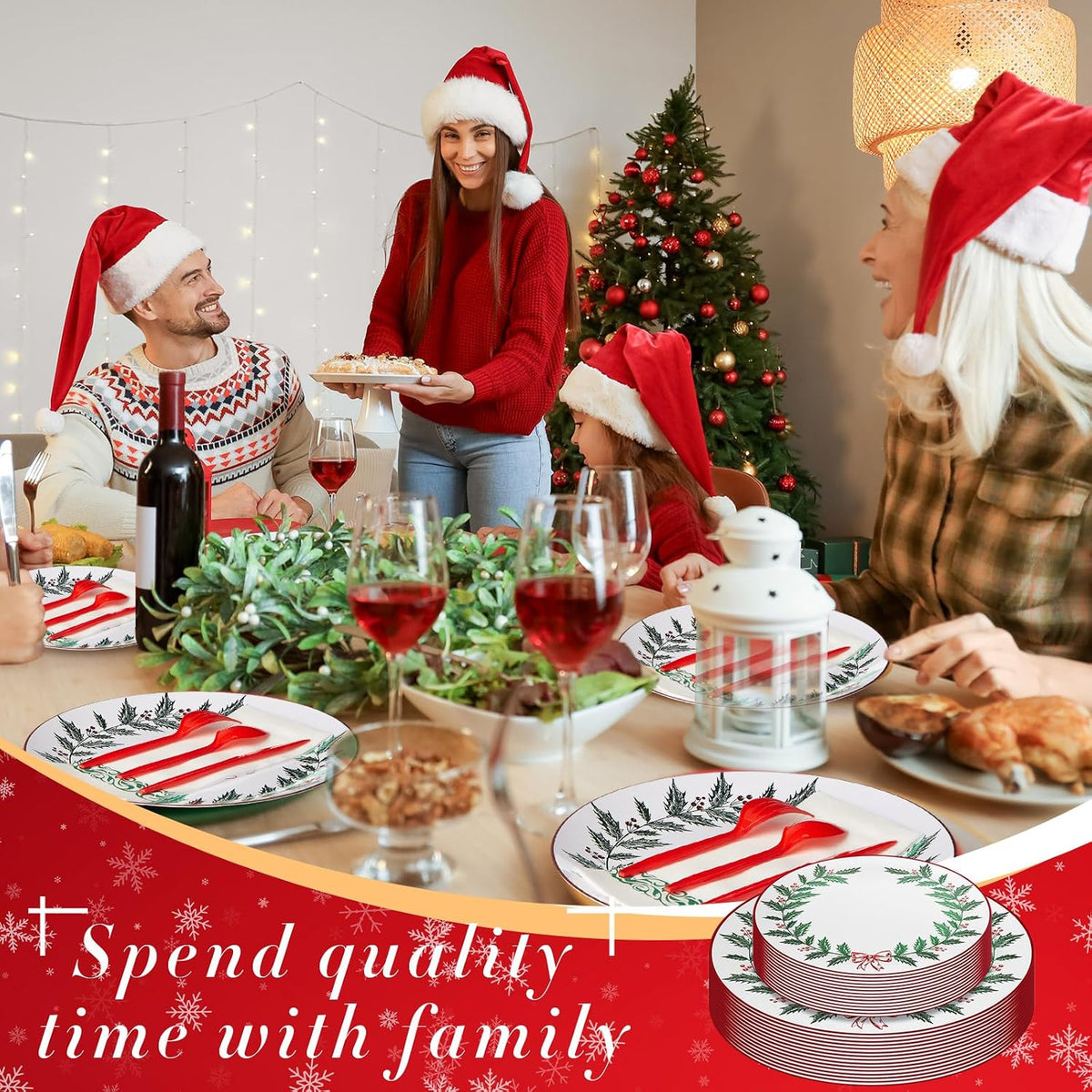 Layhit 175 Pcs Christmas Plastic Plates Dinnerware Set, Green Red