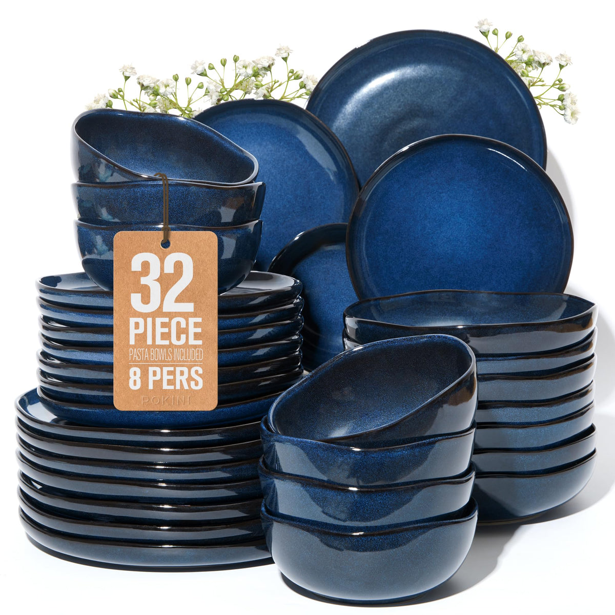 Pokini Stoneware Dinnerware Sets for 4, 12Pcs Ceramic Plates and Bowls Sets
