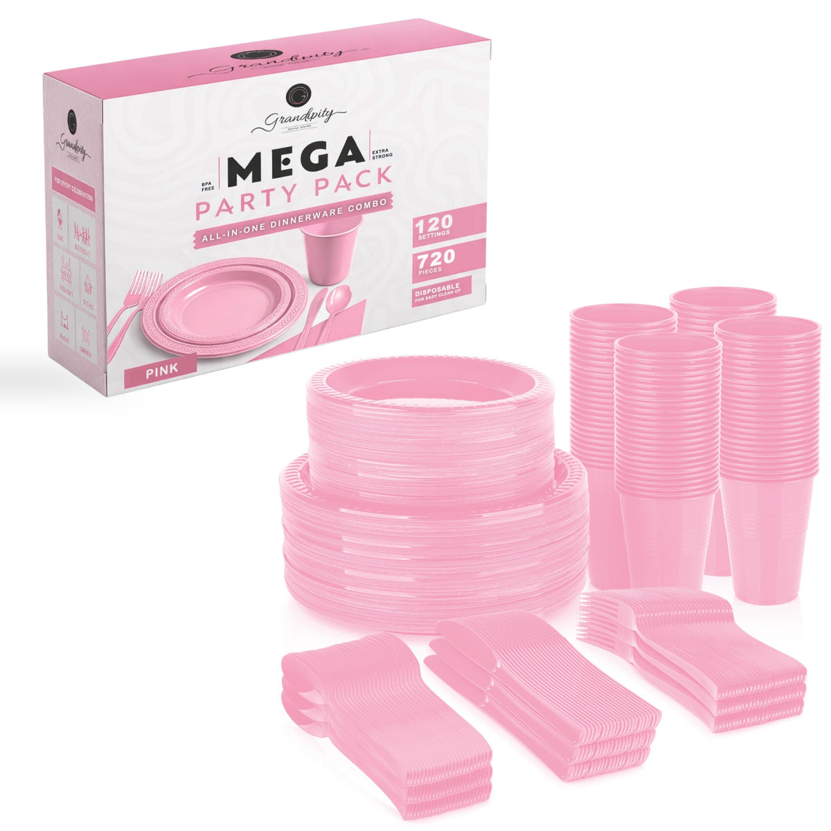 Grandipity Disposable Plastic Dinnerware Sets for Parties (720 pcs)