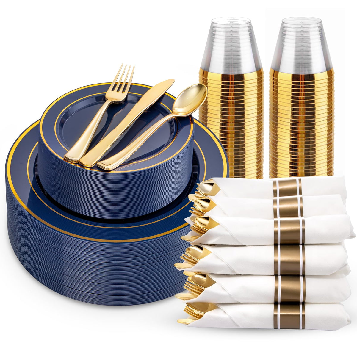WDF Partyware 350Piece Gold Dinnerware Set for 50 Guests - Gold Plastic Plates with Disposable Cutlery - 50Dinner Plates-50Dessert Plates-50Pre Rolled Napkins with Silverware for Wedding/Thanksgiving