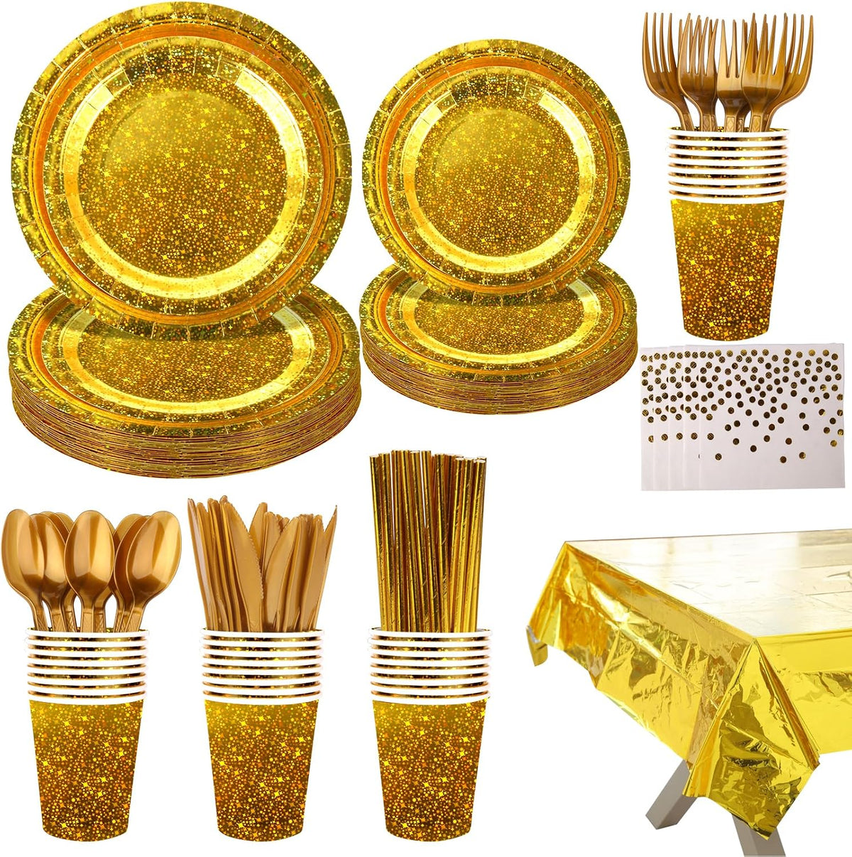 Sparkling Star Patterned Disposable Tableware Set, 201 Pieces, Tablecloths, Cutlery, Napkins, Cups, Straws, Plates for Parties, Birthdays, Graduations, Kids Events. 25Guest (Gold)