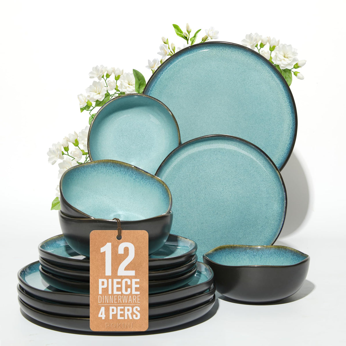 Pokini Stoneware Dinnerware Sets for 4, 12Pcs Ceramic Plates and Bowls Sets