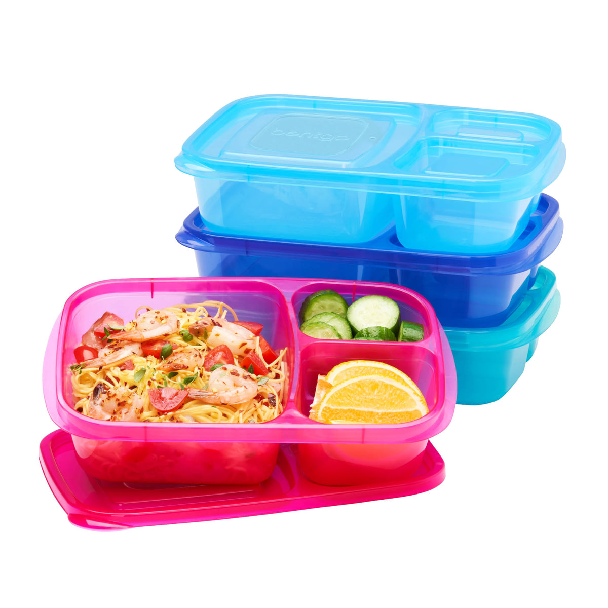 Bentgo Easyboxes - Original Stackable Lunch Boxes - Reusable 3-Compartment Food Containers for Kids and Adults - Bento Lunch Box for Meal Prep, School, & Work - BPA Free, Set of 4 (Brights)