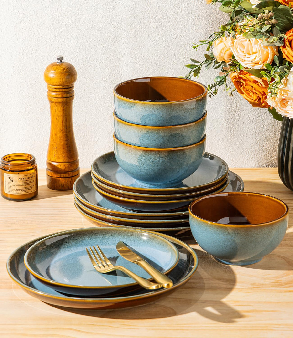 LeRatio Ceramic Dinnerware Sets for 6,18Pcs Porcelain Plates and Bowls Set
