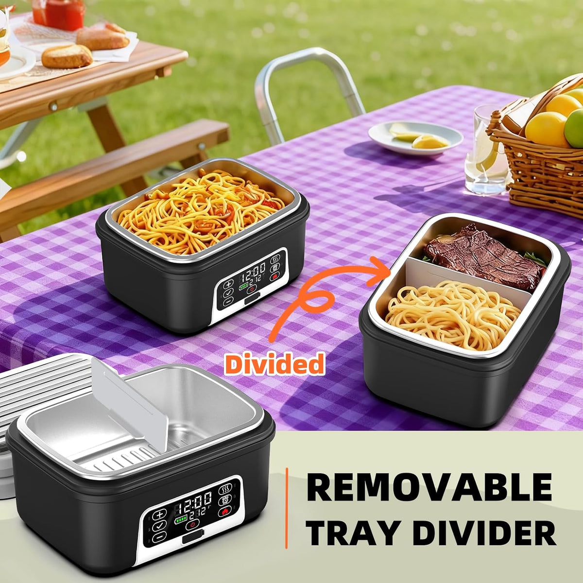 XL 6.3-Cups Cordless Electric Heated Lunch Box for Adults, 20000mAh Rechargeable Battery Powered Smart Self Heating Lunchbox for Men Women, 100W Food Warmer for Trucks Driver Travel Office Worker