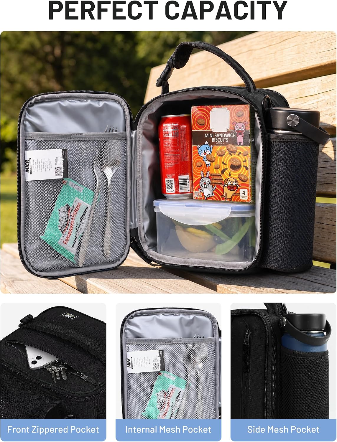 MIER Expandable Small Lunch Box for Men Women Kids to Work School, Black