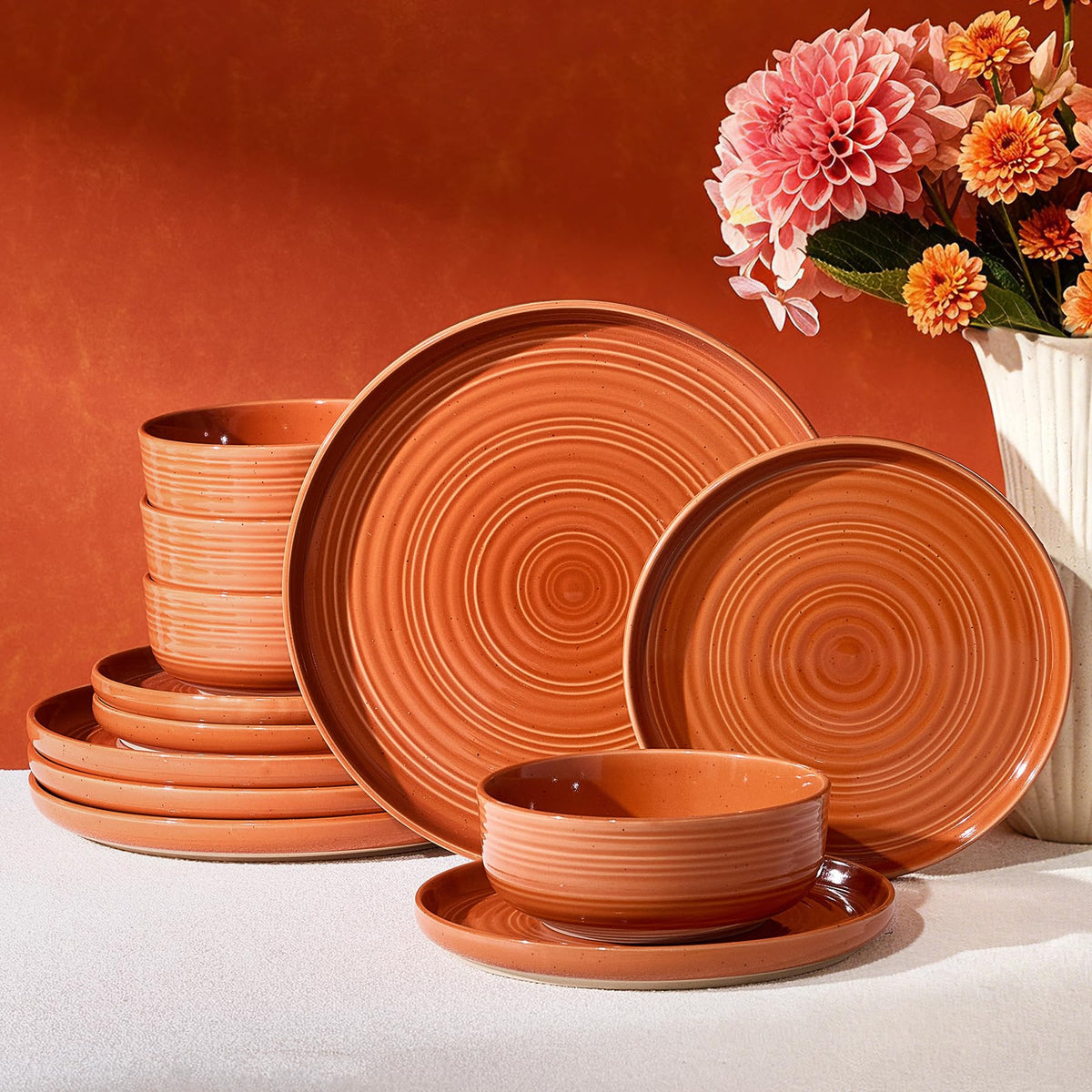 Stoneware Dinnerware Sets for 6, Plates and Bowls, Brown