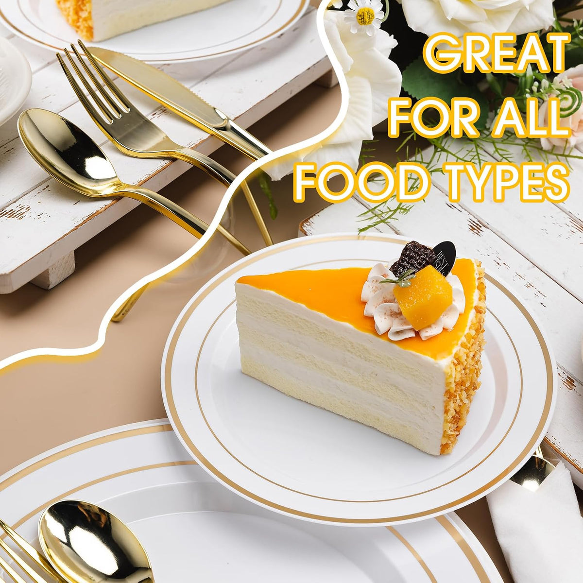 350 PCS White and Gold Plastic Dinnerware Set for 50 Guests
