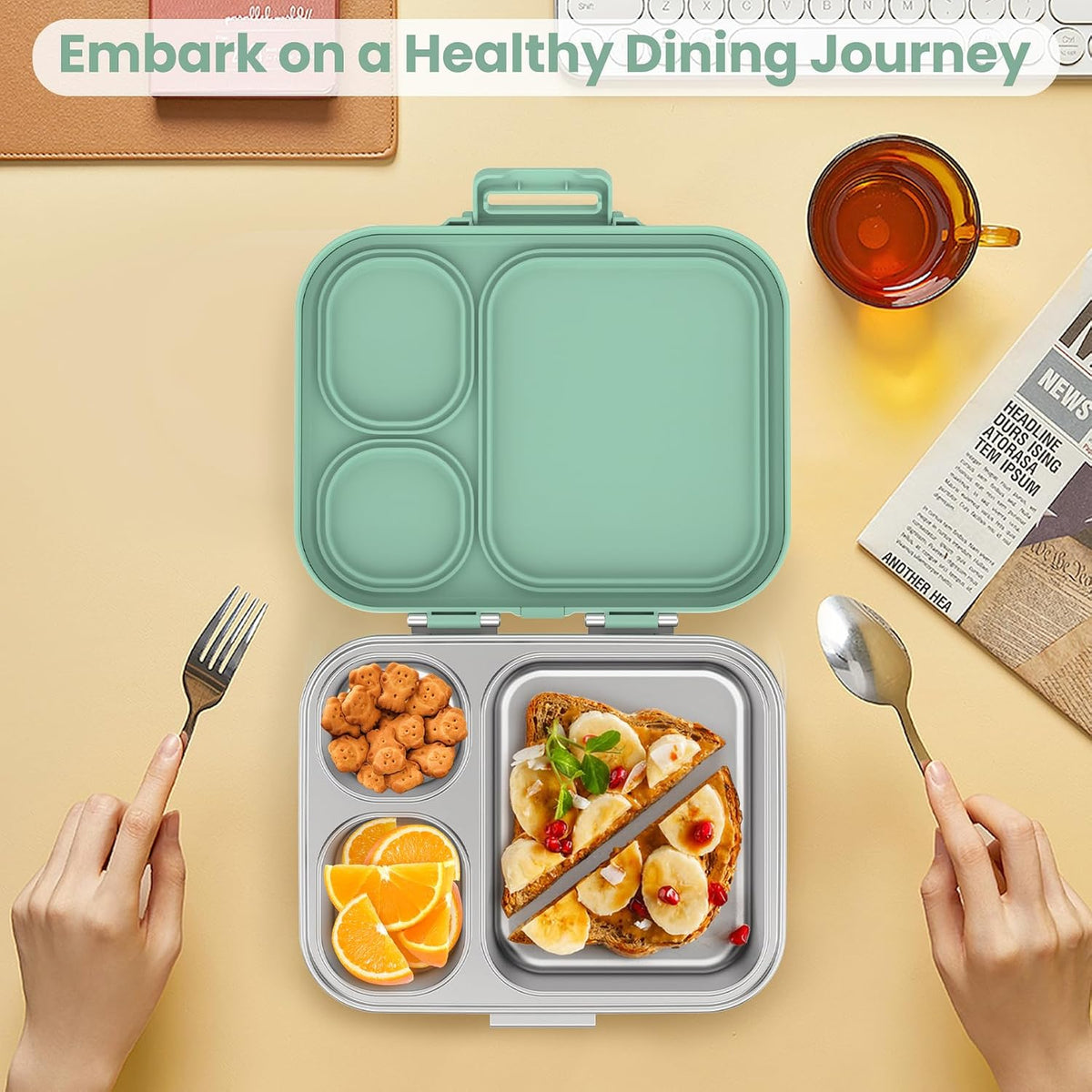 Pawtong Stainless Steel Bento Lunch Box for Kids | 3-Compartment Lunch Box Container Kids | 100% Leakproof, Eco-Friendly, Perfect Portion Control for Kids&Adult Healthy Meals (Green)