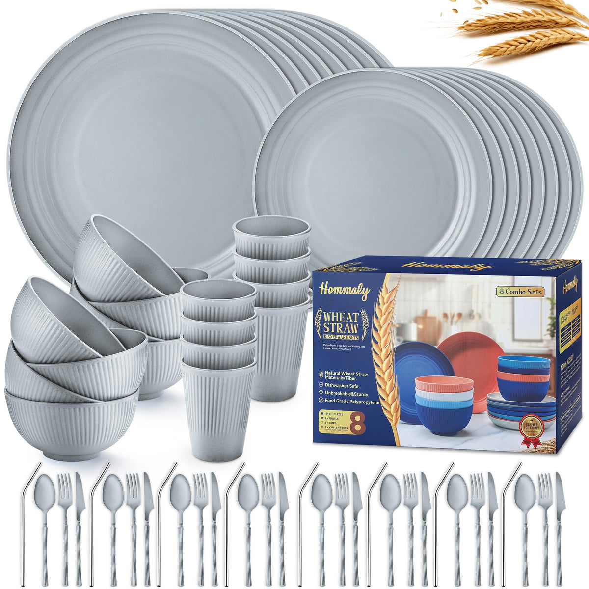 Wheat Straw Dinnerware Sets,64-Piece Black Plates and Bowls Sets for 8-Unbreakable,Reusable Plastic Dish Set-Dinner Plate/Dessert Plate/Cereal Bowl/Cup/Utensils-Microwavable Dishwasher Safe 64P-BLACK