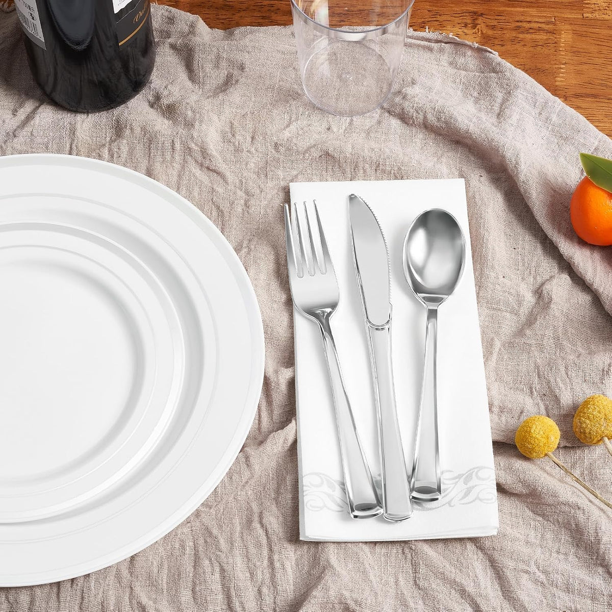 Fijinhom 175PCS Plastic Plates for 25 Guests, Silver Disposable Plates