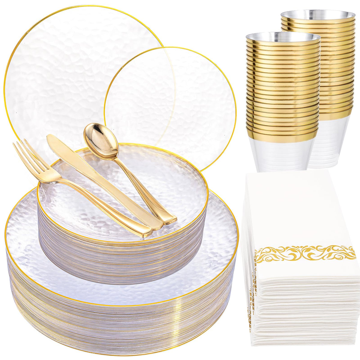 Rubtlamp 175 Pcs Plastic Dinnerware Set (25 Guests), Blue Disposable Plates With Gold Rim, Hammered Party Plates Set Include Dinner Platos, Dessert Platos, Cups, Cutlery And Napkins for Party