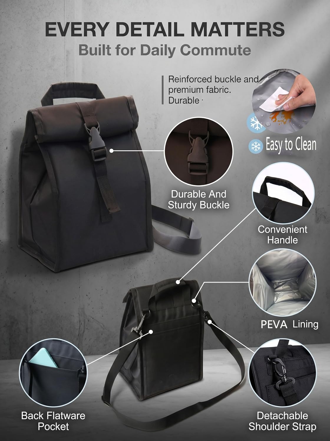 ZM-YOUTOO Insulated Foldable Lunch Bag- Lightweight Portable with Adjustable Shoulder Strap Lunch Box for Men, Women, Office, Work, Picnic, Hiking and Beach
