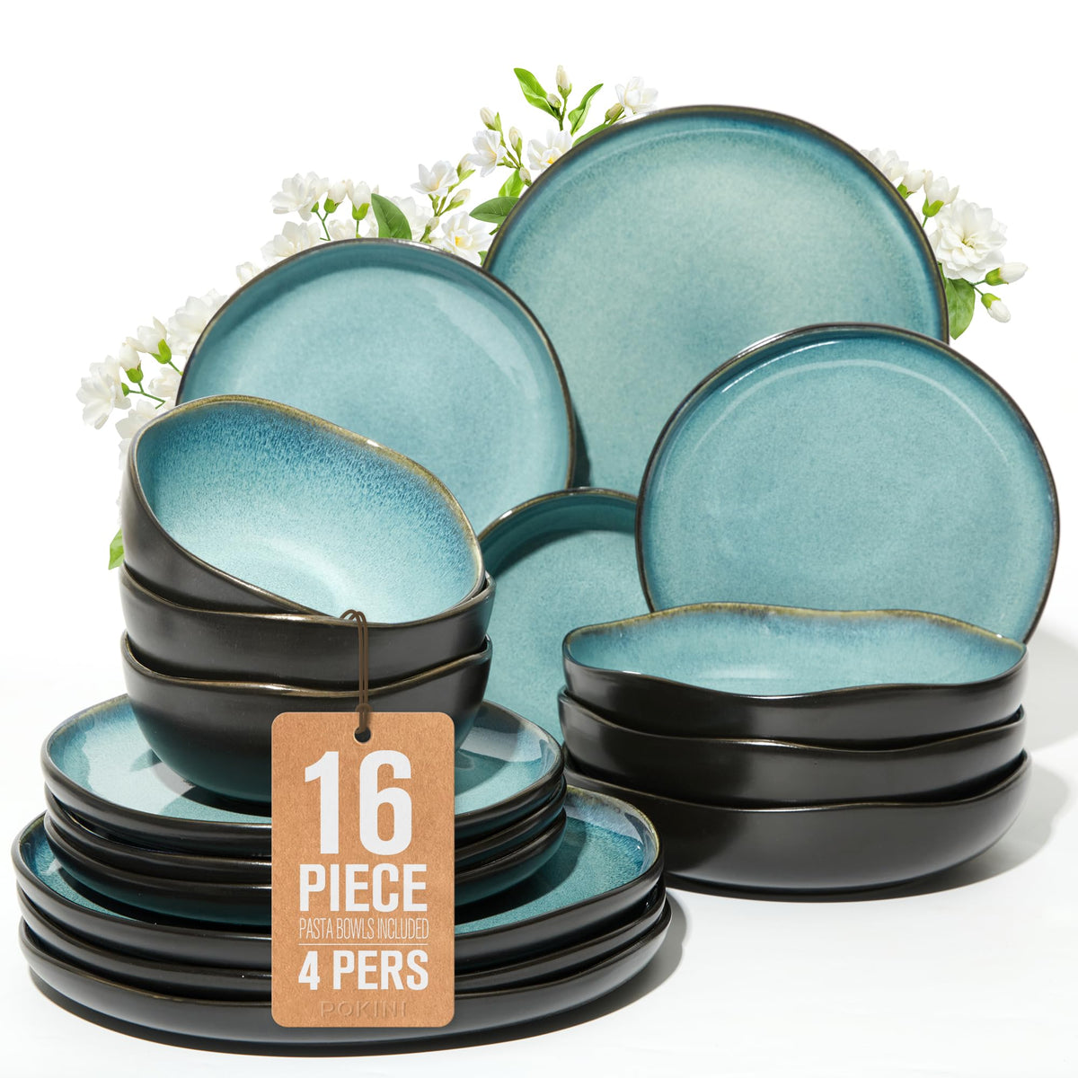 Pokini Stoneware Dinnerware Sets for 4, 12Pcs Ceramic Plates and Bowls Sets