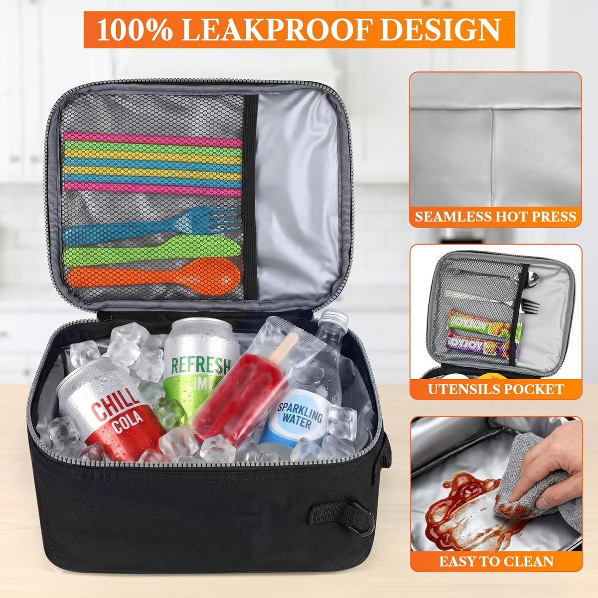 opux Insulated Lunch Bag for Men Women Kids, Soft Lunch Box, Black