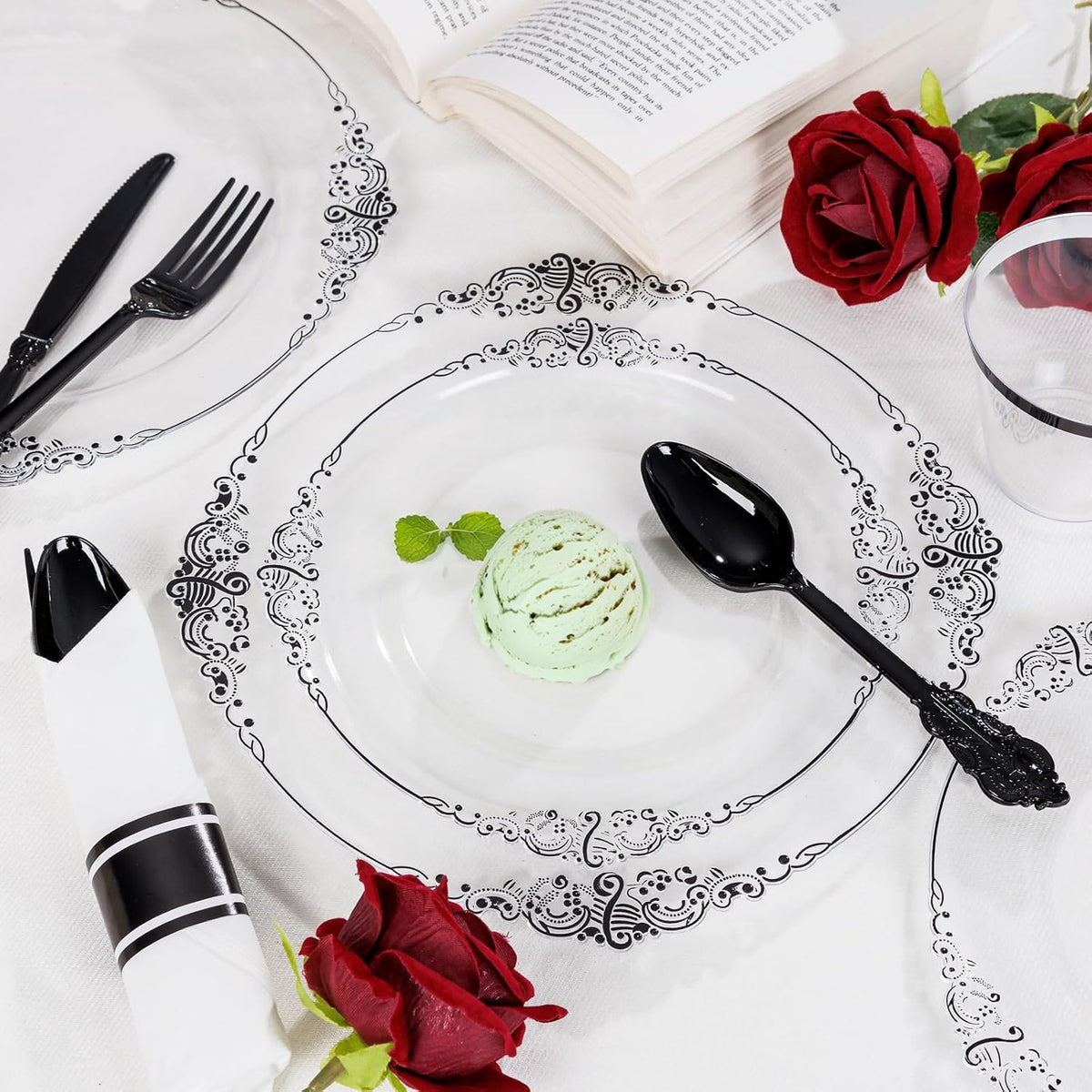Hioasis 350 Pcs Clear Black Plates for Party