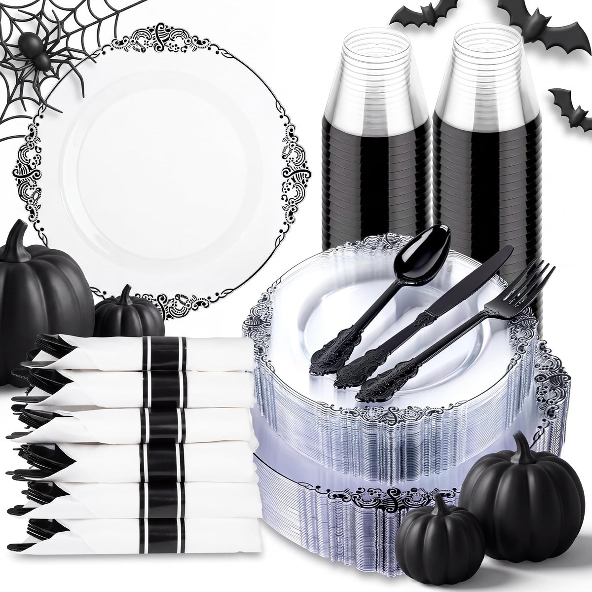 Hioasis 350 Pcs Clear Black Plates for Party
