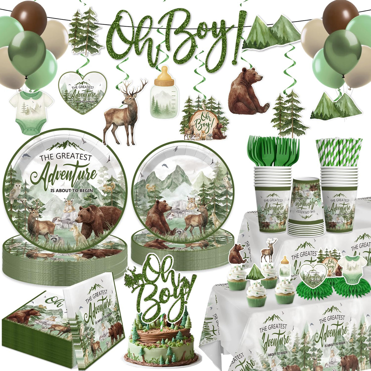 343PCS Xynic Classic Bear Baby Shower Decorations Tableware Set, 50 Guests