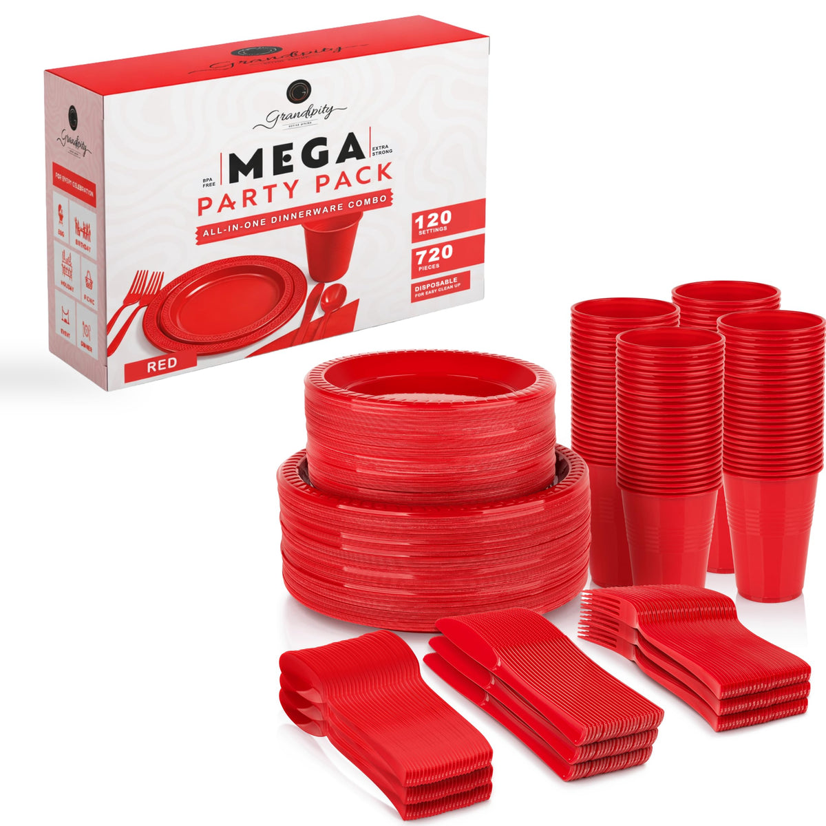 Grandipity Disposable Plastic Dinnerware Sets for Parties (720 pcs)