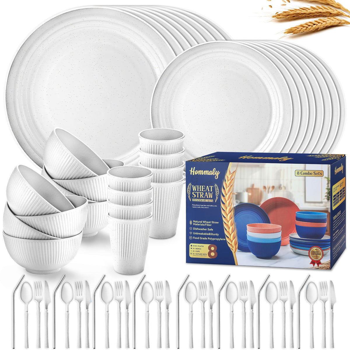 Wheat Straw Dinnerware Sets,64-Piece Black Plates and Bowls Sets for 8-Unbreakable,Reusable Plastic Dish Set-Dinner Plate/Dessert Plate/Cereal Bowl/Cup/Utensils-Microwavable Dishwasher Safe 64P-BLACK