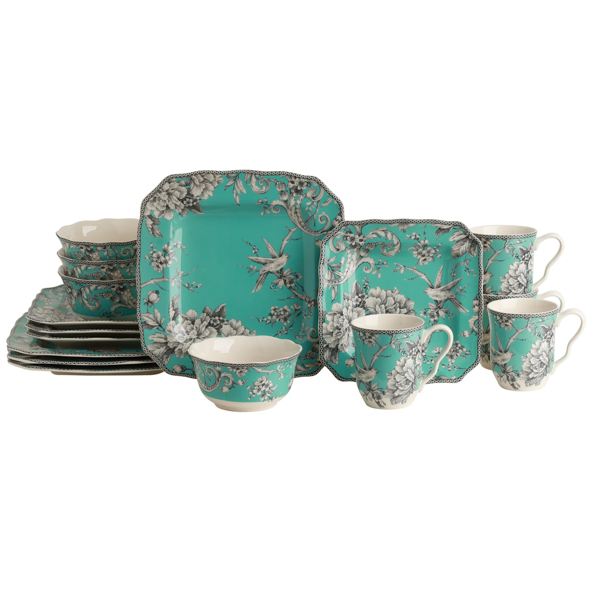 222 Fifth Adelaide Grey 16-Piece Floral Porcelain Dinnerware Set | Microwave and Dishwasher Safe Dining Set for 4 | Stackable and Chip-Resistant Plates Bowls and Cups | Gift for Housewarming & Wedding