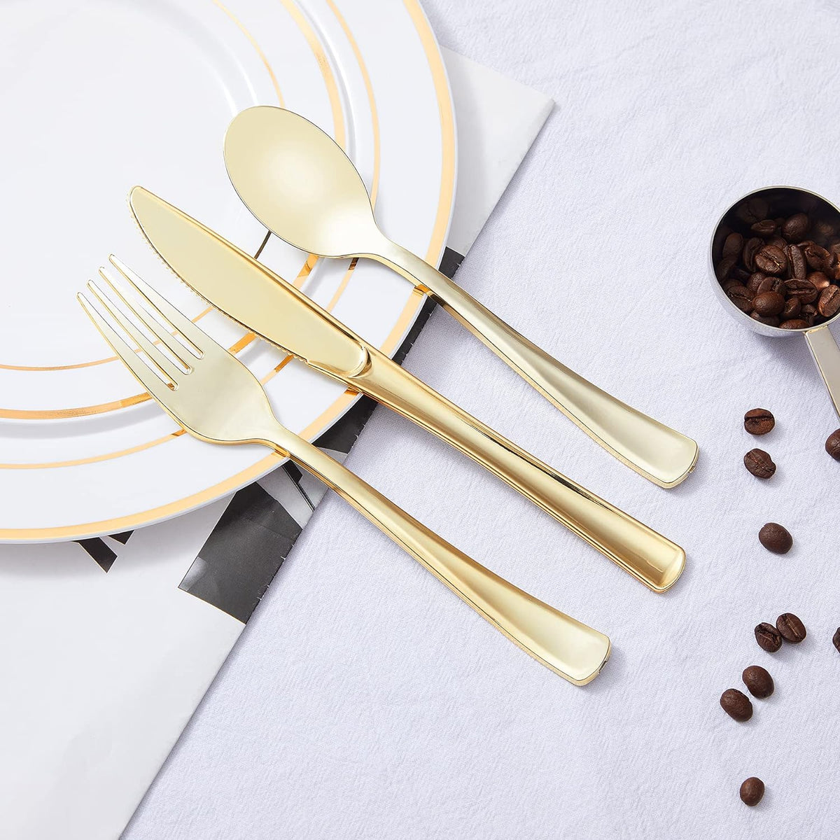 N9R 300PCS Gold Plastic Silverware, Disposable Plastic Cutlery/Utensils