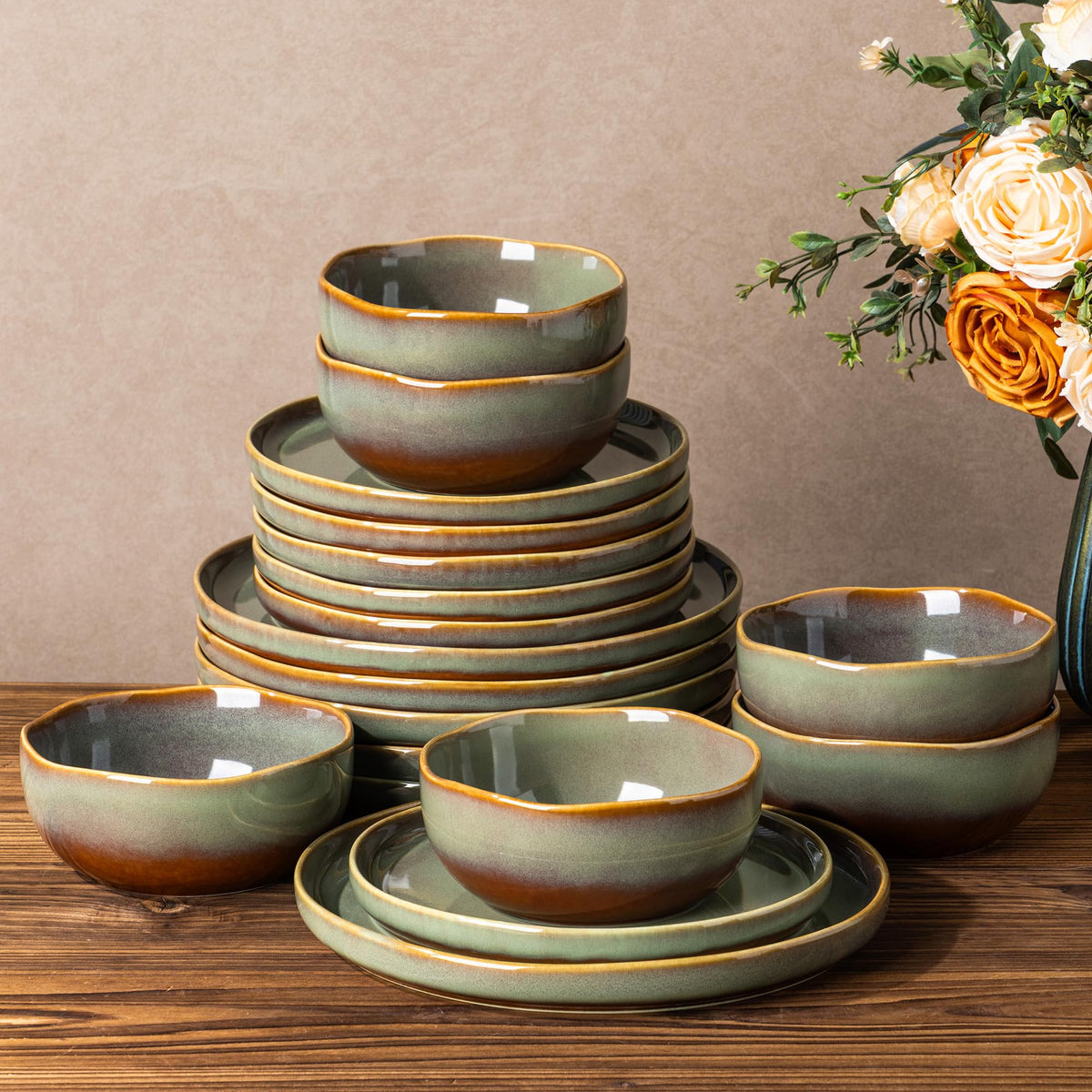 TheTerra Ceramic Dinnerware Set for 4, 12-Piece Plates and Bowls Set