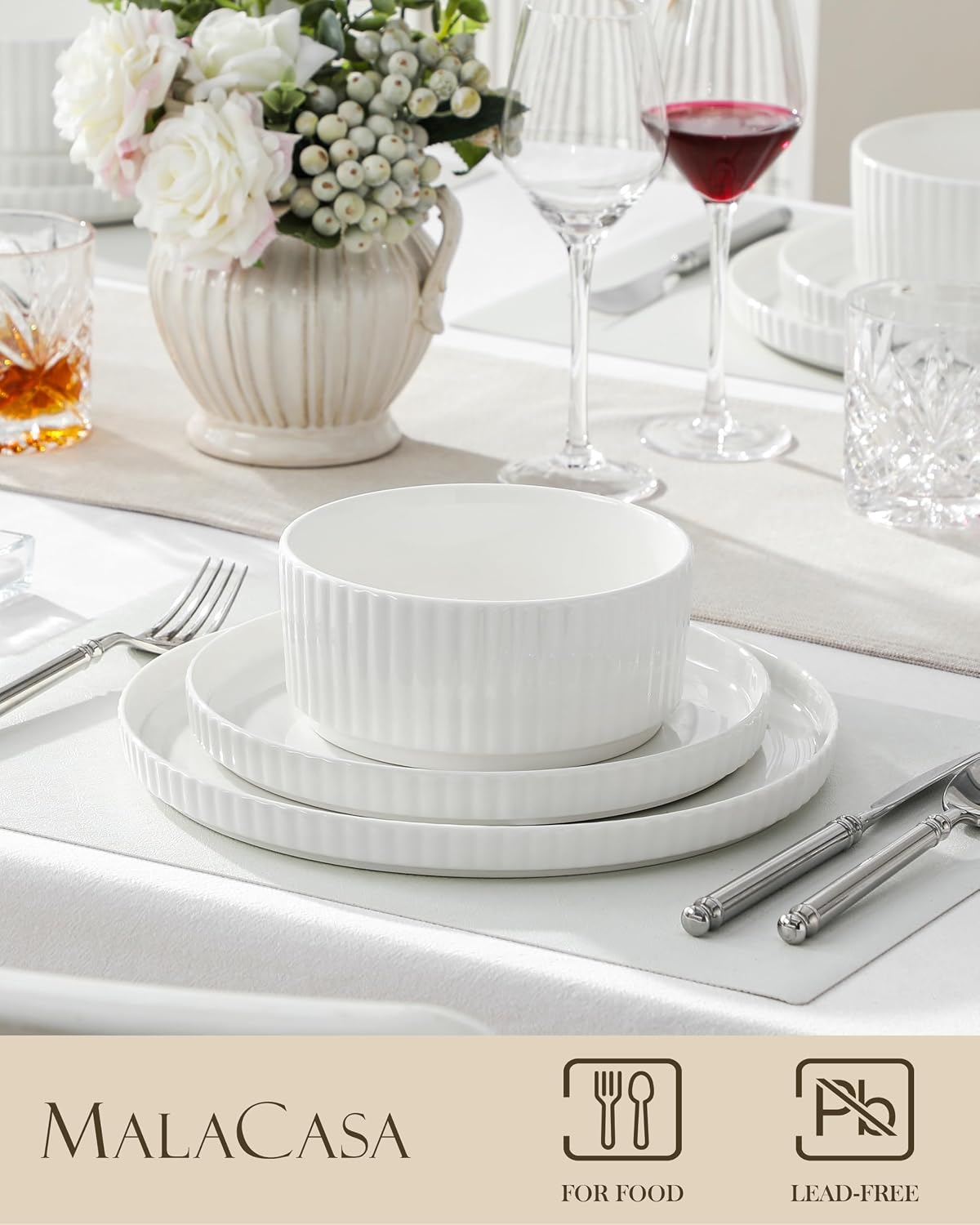 MALACASA Porcelain 18 Pieces Plates and Bowls Set, Dinnerware Set for 6