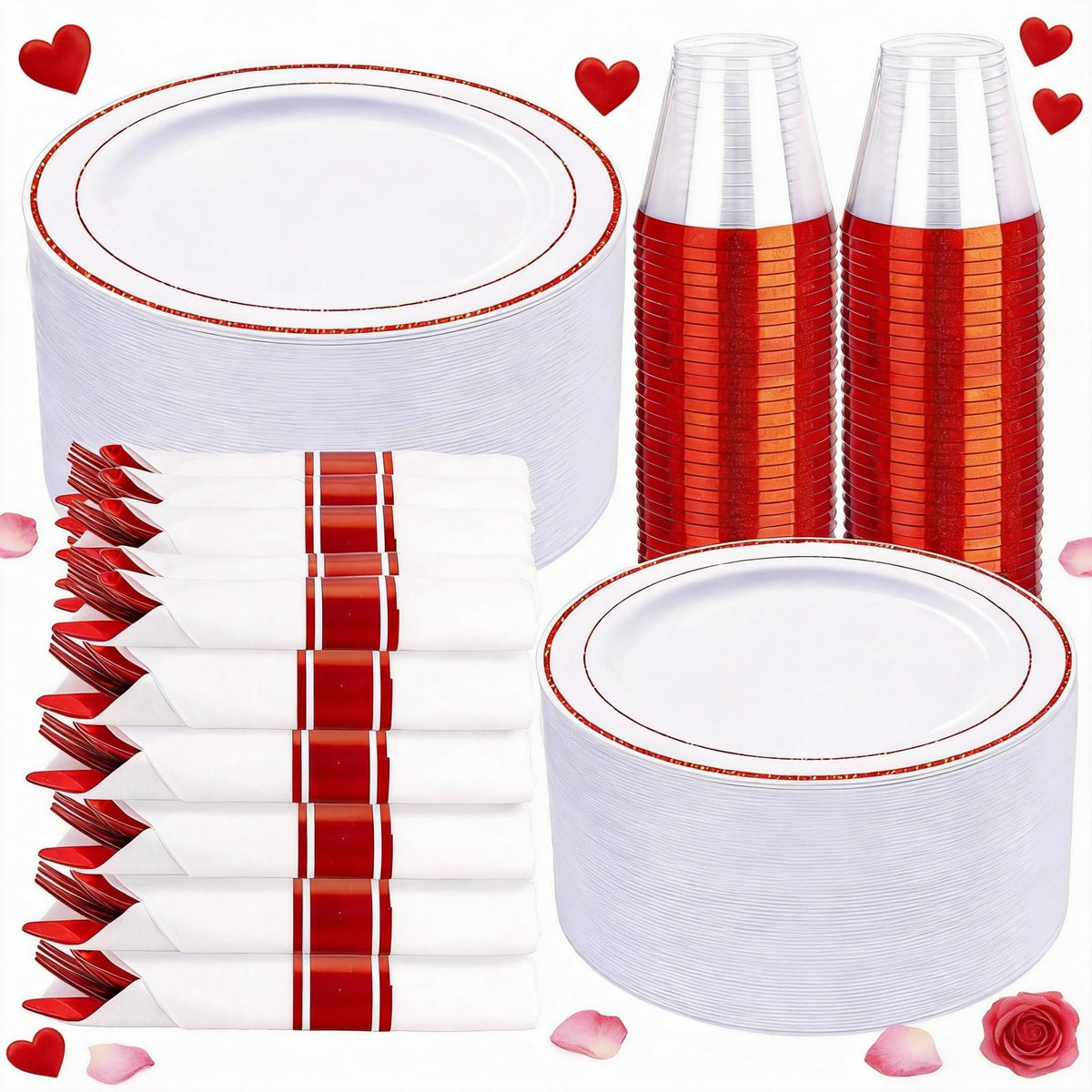 WELLIFE 50 Guests Dinnerware Sets, Gold Plastic Plates，Platos Para Fiestas Elegantes Desechables Include:50 Dinner Plates, 50 Dessert Plate, 150 Pcs Gold Plastic Silverware, 50 Cups for Party