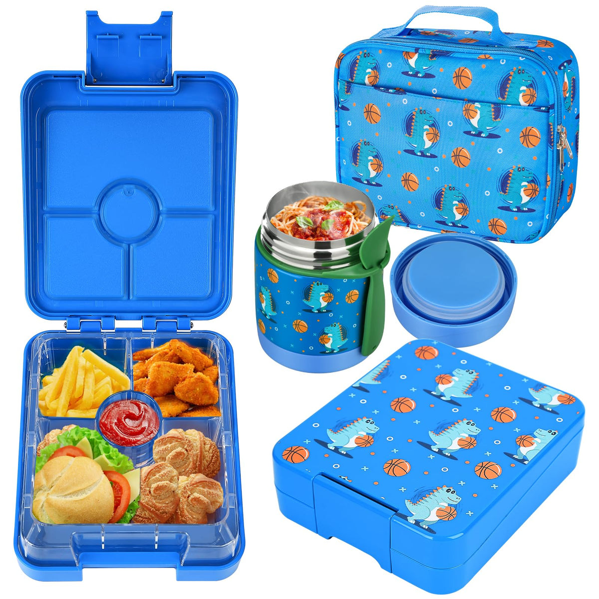 Bento Lunch Box Set for Kids with 10oz Soup Thermo, Leak-Proof Lunch Containers with 4 Compartment, Kids Thermo Hot Food Jar and Insulated Lunch Bag for Kid to School,BPA-Free(Black)