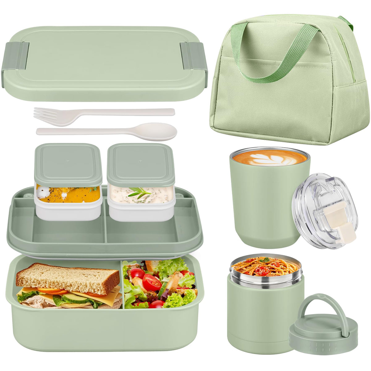 Large Bento Lunch Box Set for Adults Kids Women with 10.5oz Soup Thermo,Coffee Tumblers Men Girls Boys Teenagers Leak-Proof Lunch Food Containers with Lunch Bag
