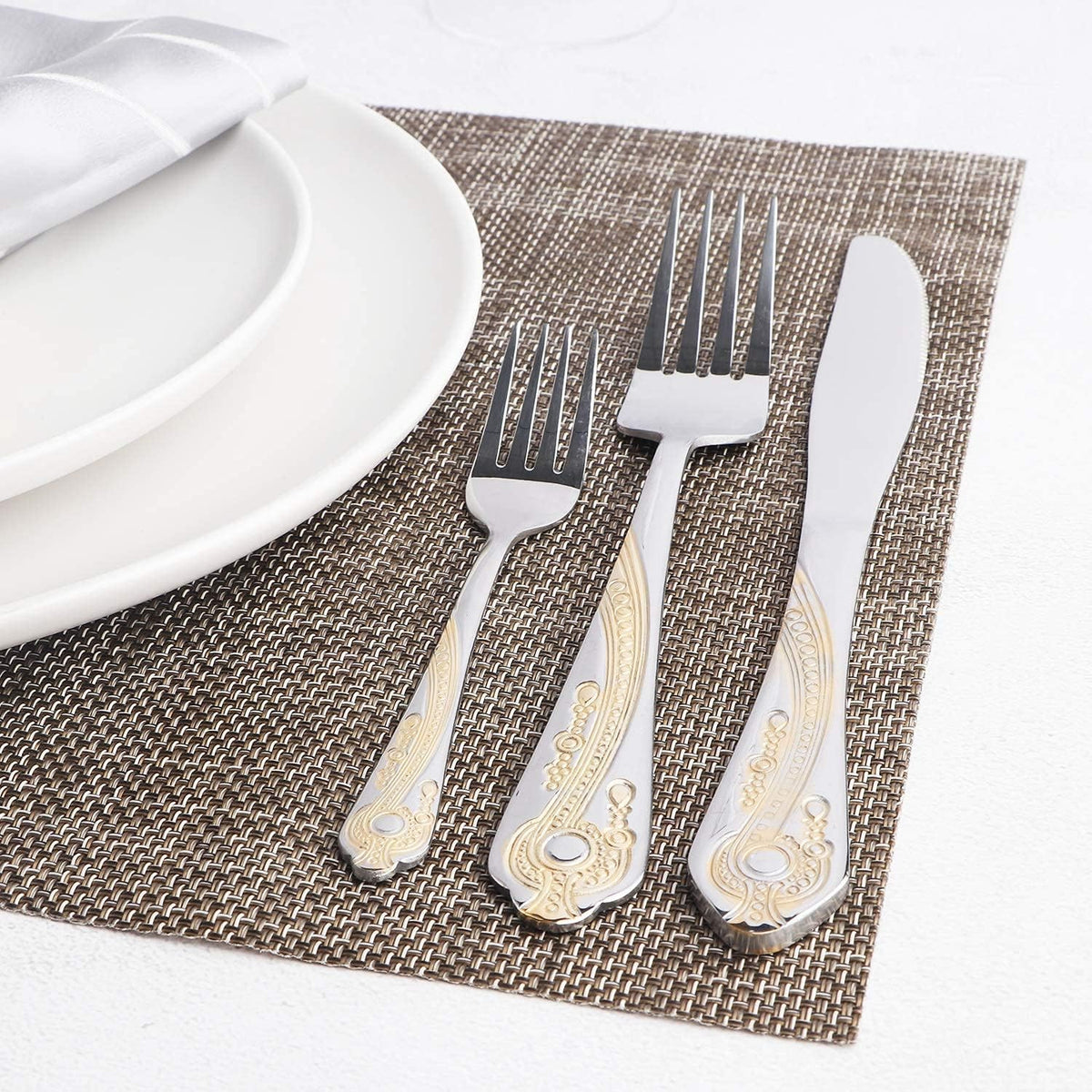 Gold Silverware Set, 20 Piece Stainless Steel Golden Flatware Set for 4, Silver Tableware Set with 24K Gold-Plated Trim, Eating Utensils, Great for Family Gatherings & Daily Use(Prestige)