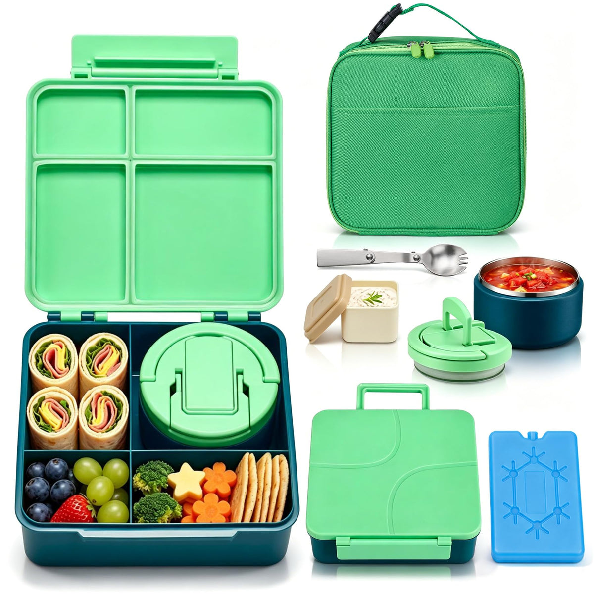 Bento Lunch Box with 8oz Soup Thermo,Kids Leakproof 4 Compartment Lunch Food Containers with Sauce Cup and Ice Pack,Kids Thermo Insulated Hot Food Jar and Lunch Bag for School,Trvael-Black