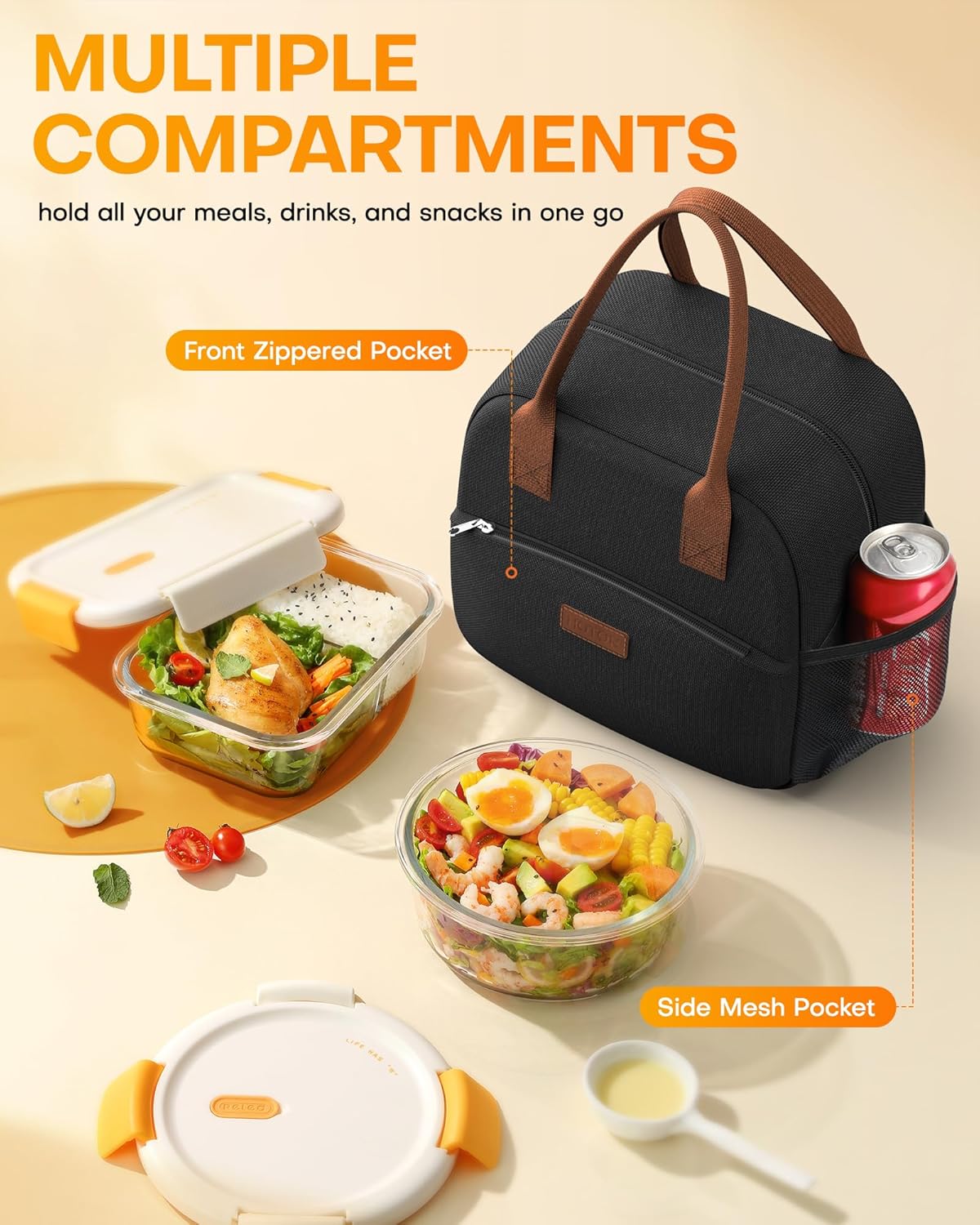HOTOR Lunch Bag Women Men Insulated Lunch Box Black 10L