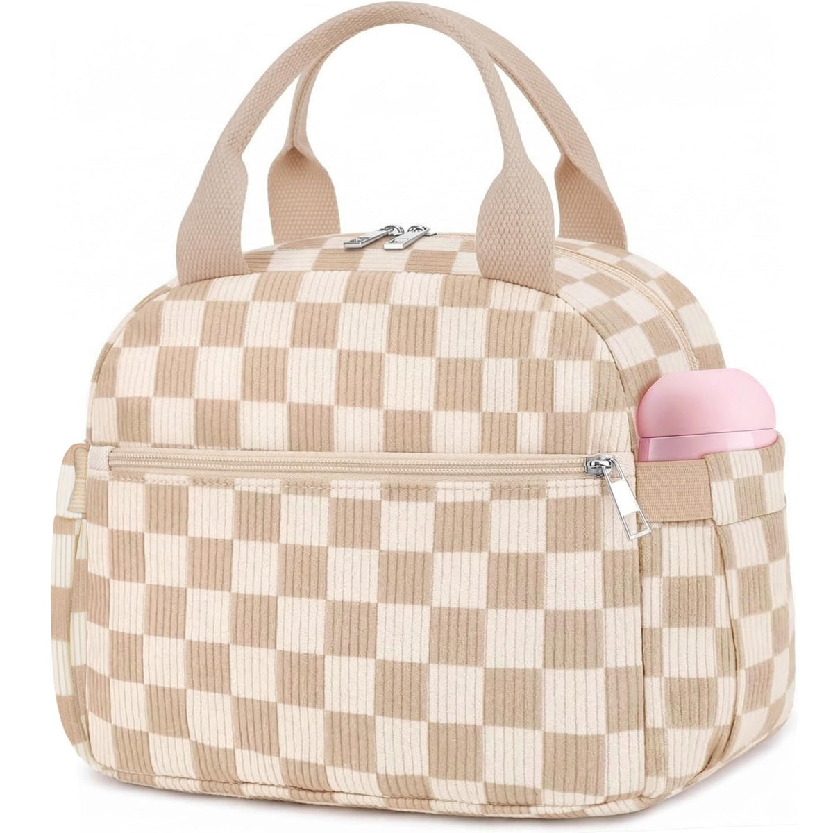 KUBYA Lunch Box for Women, Cute Strawberry Corduroy Insulated Lunch Bag Women Reusable Work Leakproof Simple Adults Large Lunch Boxes Tote Bag Men Cooler Bag