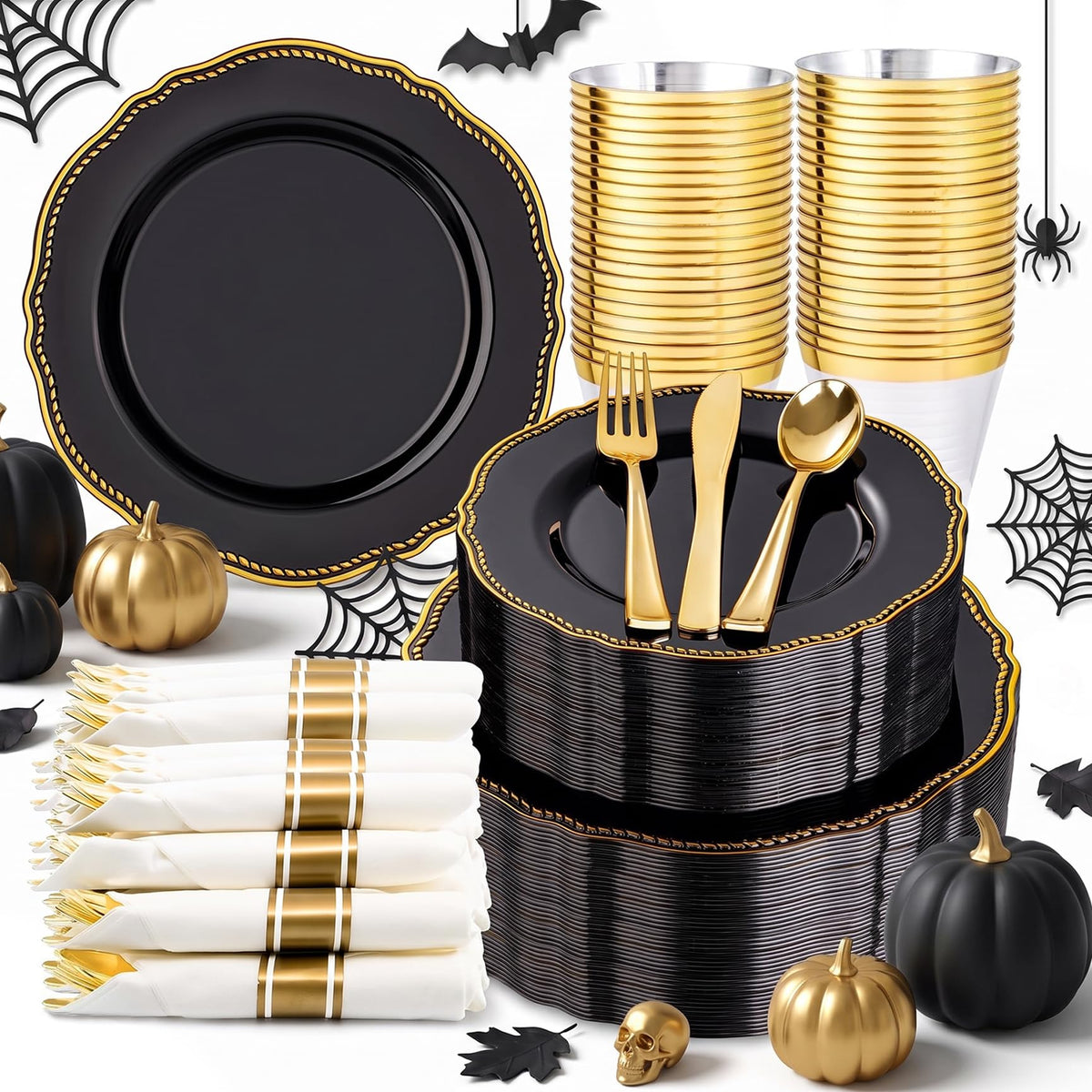 Hioasis 175 Pcs Black and Gold Plastic Plates Wedding & Party