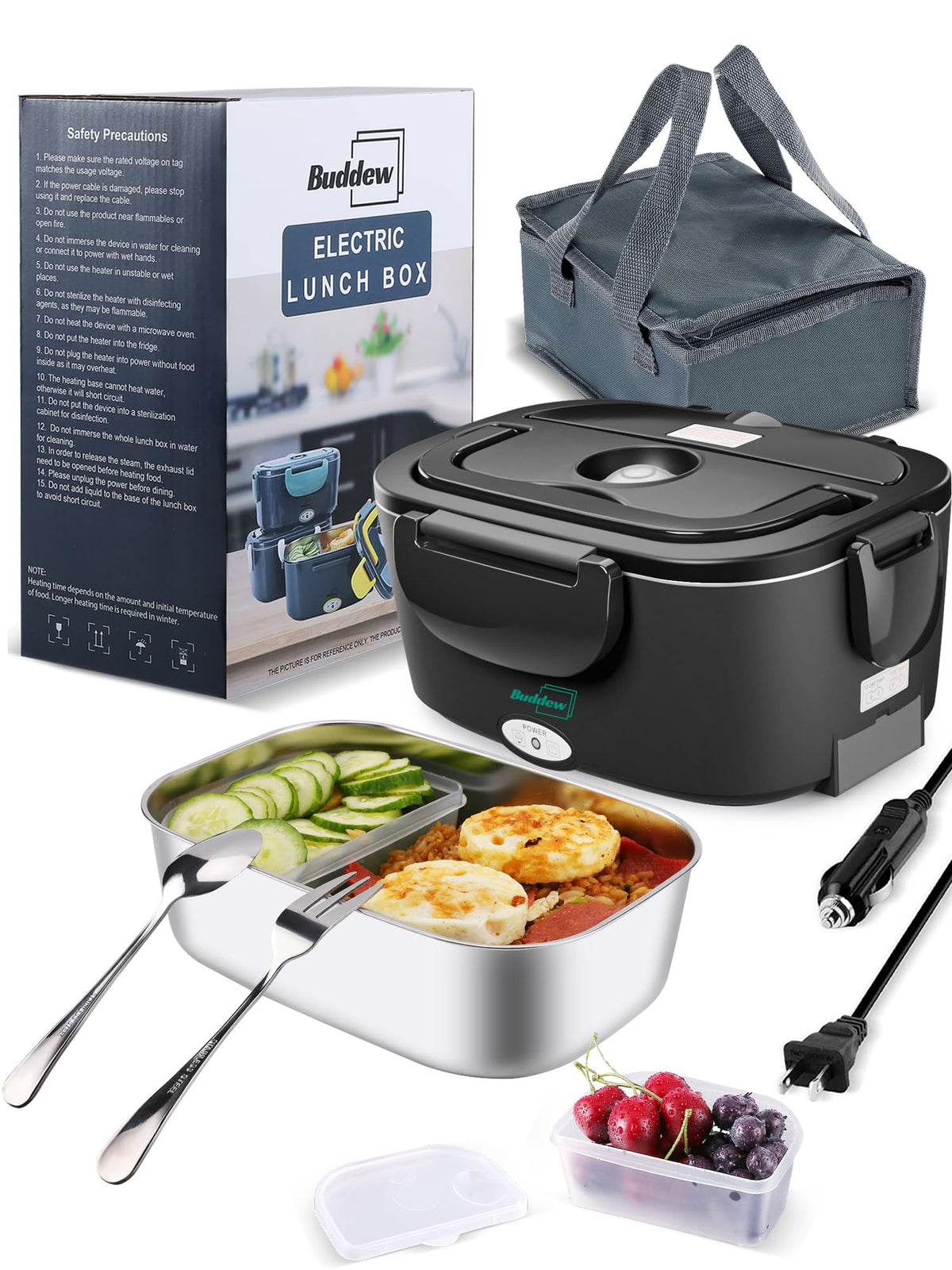 Buddew Electric Heated Lunch Box, 100W Fast Heating, 1.5L Food-Grade 304 Stainless Steel, 12V/24V/110V Portable Food Warmer for Car Truck Office Adults, Lonchera Electrica Portatil (Green)