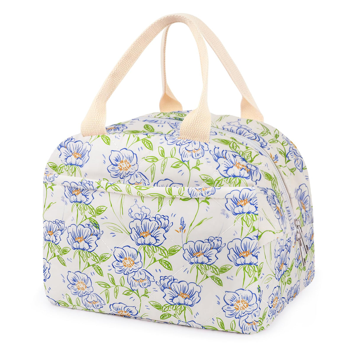 Cotton Quilted Insulated Lunch Bag, Reusable Quilted Floral Lunch Tote Bags
